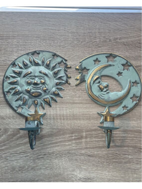 Vintage PartyLite Sun Moon Stars Wall Sconce Candle Holders Pair 1994 Metal